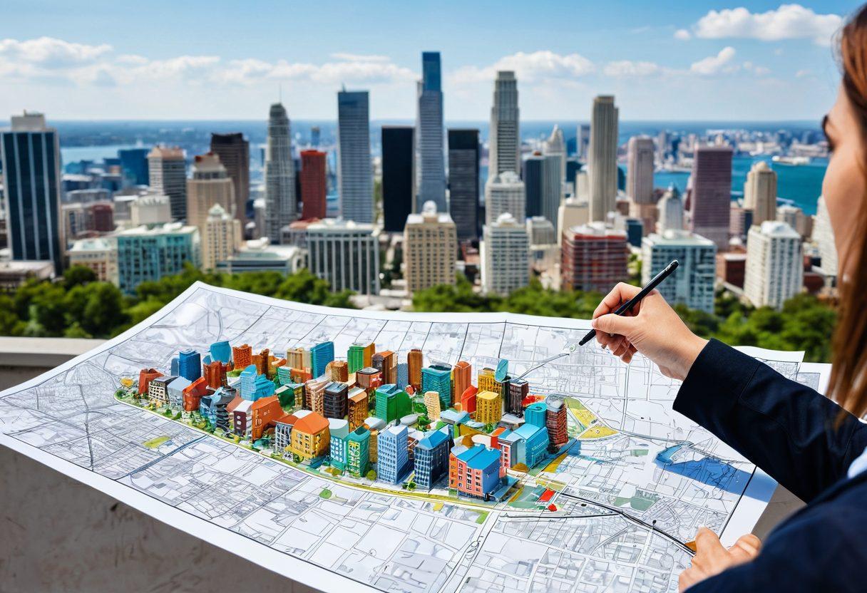 A vibrant city skyline filled with modern condos and rental units, showcasing diverse architectural styles. In the foreground, a friendly guide holding a map and pointing towards the buildings, symbolizing navigation through the market. Include elements like blueprints, keys, and a magnifying glass to emphasize real estate exploration. Bright colors that evoke a sense of excitement and opportunity. super-realistic. vibrant colors. white background.