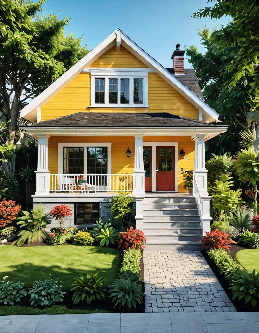 A cozy family home with diverse architectural styles like a modern flat, a classic bungalow, and a charming cottage, surrounded by lush greenery. Include a diverse group of people engaged in home tours, showcasing happiness and connection. Bright, inviting colors to evoke a sense of warmth and belonging. super-realistic. vibrant colors. sunny background.