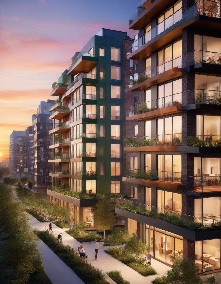 A vibrant city skyline showcasing a variety of housing options: sleek modern flats, luxurious condos, and charming premium rentals. The scene includes diverse people interacting, such as families and young professionals, highlighting community life. Soft sunset lighting casts a warm glow over the buildings, creating an inviting atmosphere. Integrate green spaces and urban parks to enhance livability. super-realistic. vibrant colors. 3D.